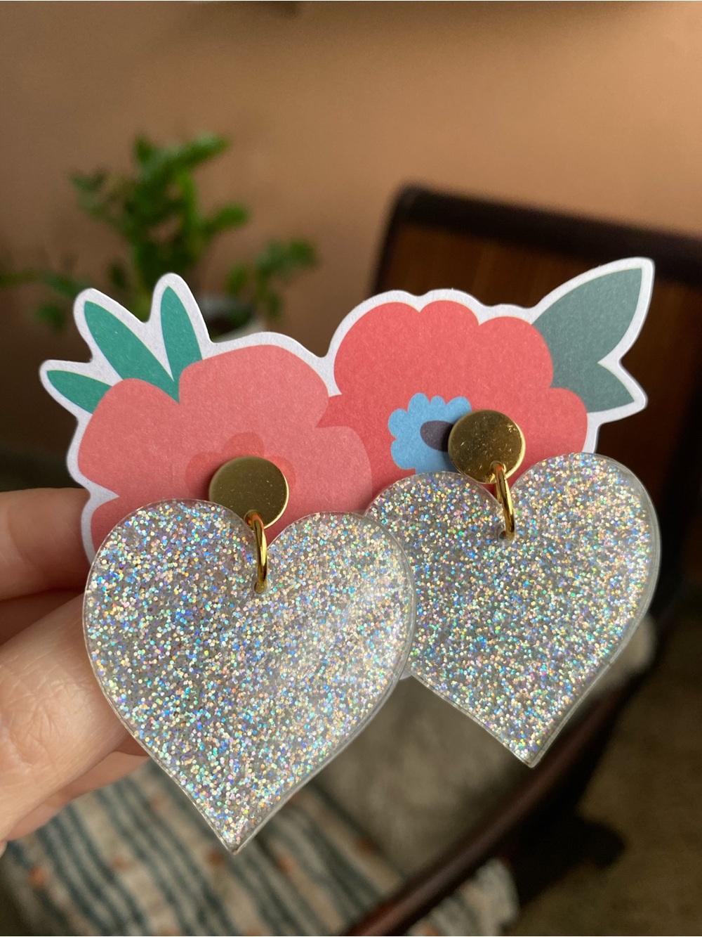 SS Sparkling Silver Holographic Heart Drop Earrings